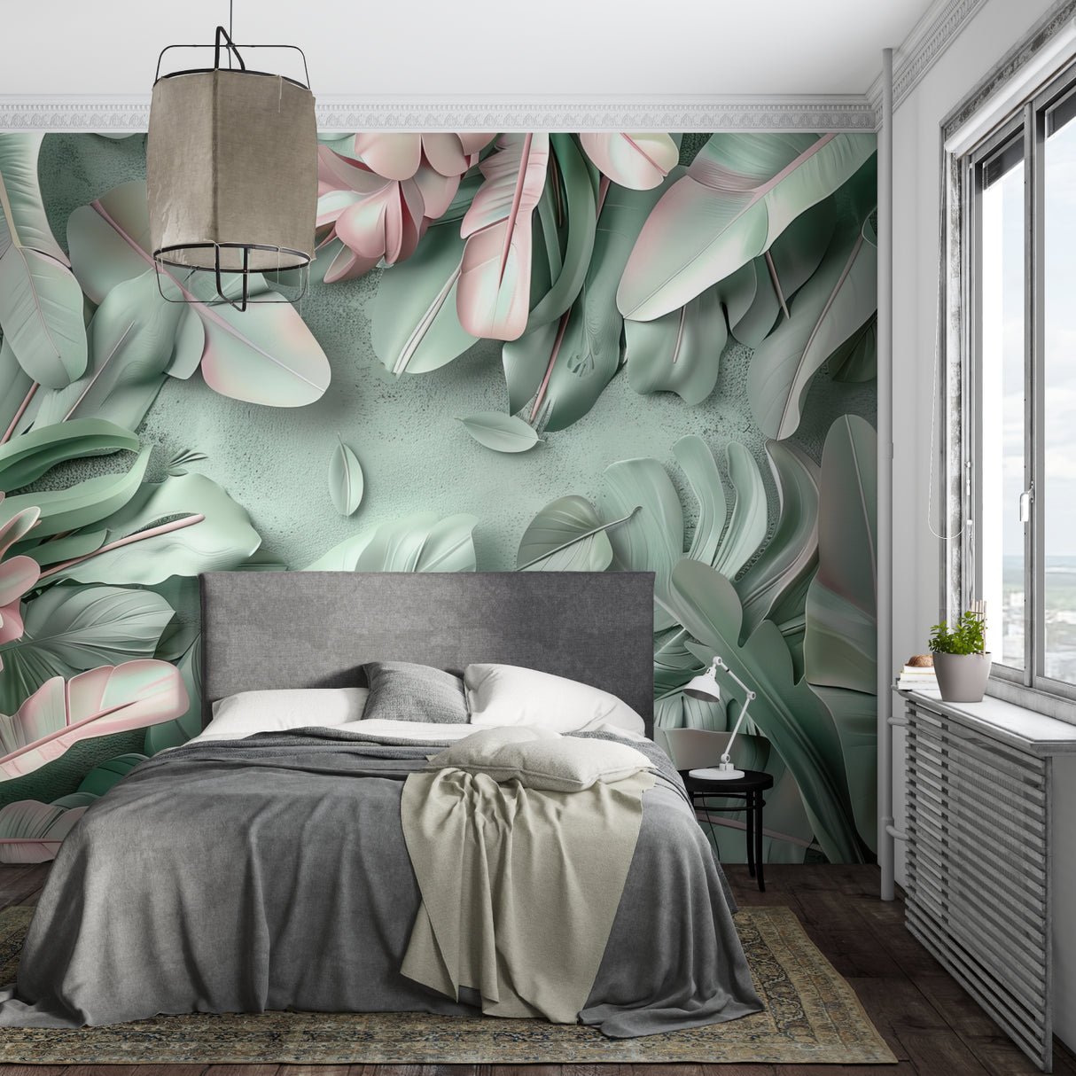 Tropical leaf wallpaper in modern living room showing soft green and pink botanical pattern