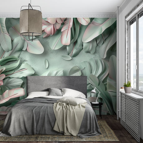Tropical leaf wallpaper in modern living room showing soft green and pink botanical pattern