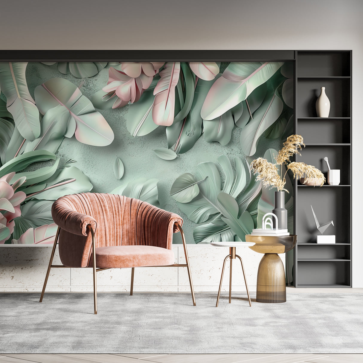 Bedroom with tropical leaf mural creating calm atmosphere with pink and green tones