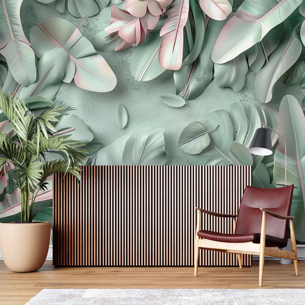 Home office featuring botanical wall mural with gentle sage and blush leaves