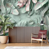 Home office featuring botanical wall mural with gentle sage and blush leaves