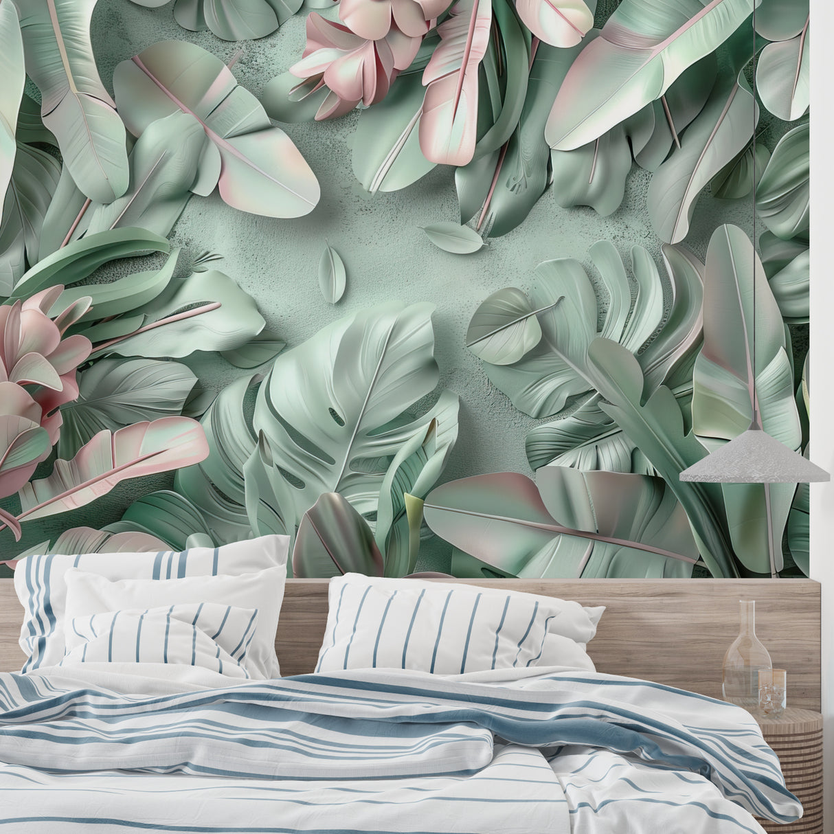 Dining room showcasing tropical leaf wallpaper in soft green and pink shades