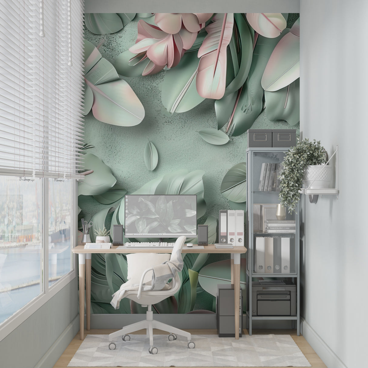 Nursery with gentle tropical leaf pattern in calming green and pink tones