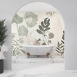 Botanical leaf wallpaper creating a calm atmosphere in a modern living room with natural light