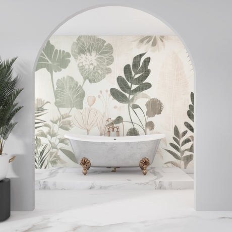 Botanical leaf wallpaper creating a calm atmosphere in a modern living room with natural light