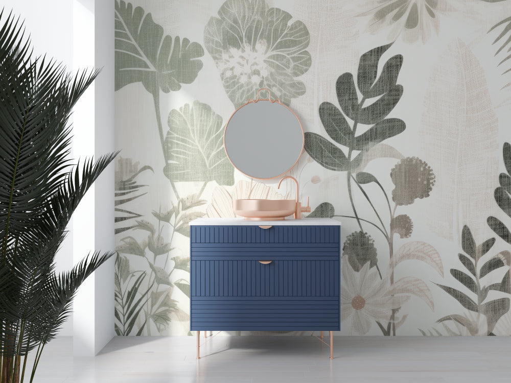 Soft green leaf wallpaper bringing natural beauty to a dining room with wooden elements