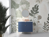 Soft green leaf wallpaper bringing natural beauty to a dining room with wooden elements