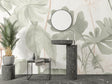 Tropical leaf wallpaper in modern white bathroom creating spa-like atmosphere with monstera and palm leaves