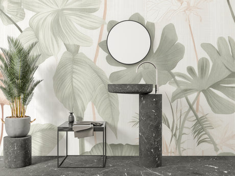 Tropical leaf wallpaper in modern white bathroom creating spa-like atmosphere with monstera and palm leaves