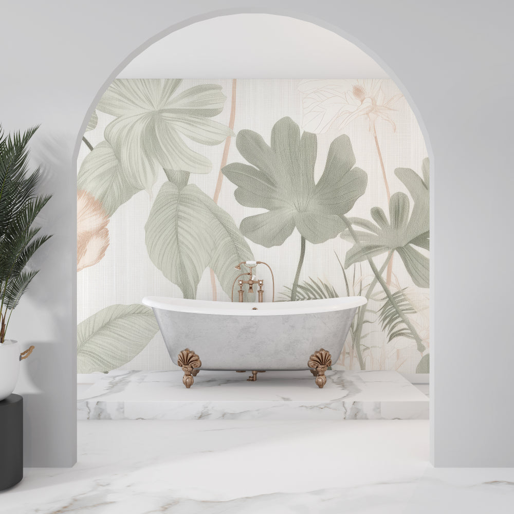 Tropical foliage wallpaper in home office with desk and natural lighting