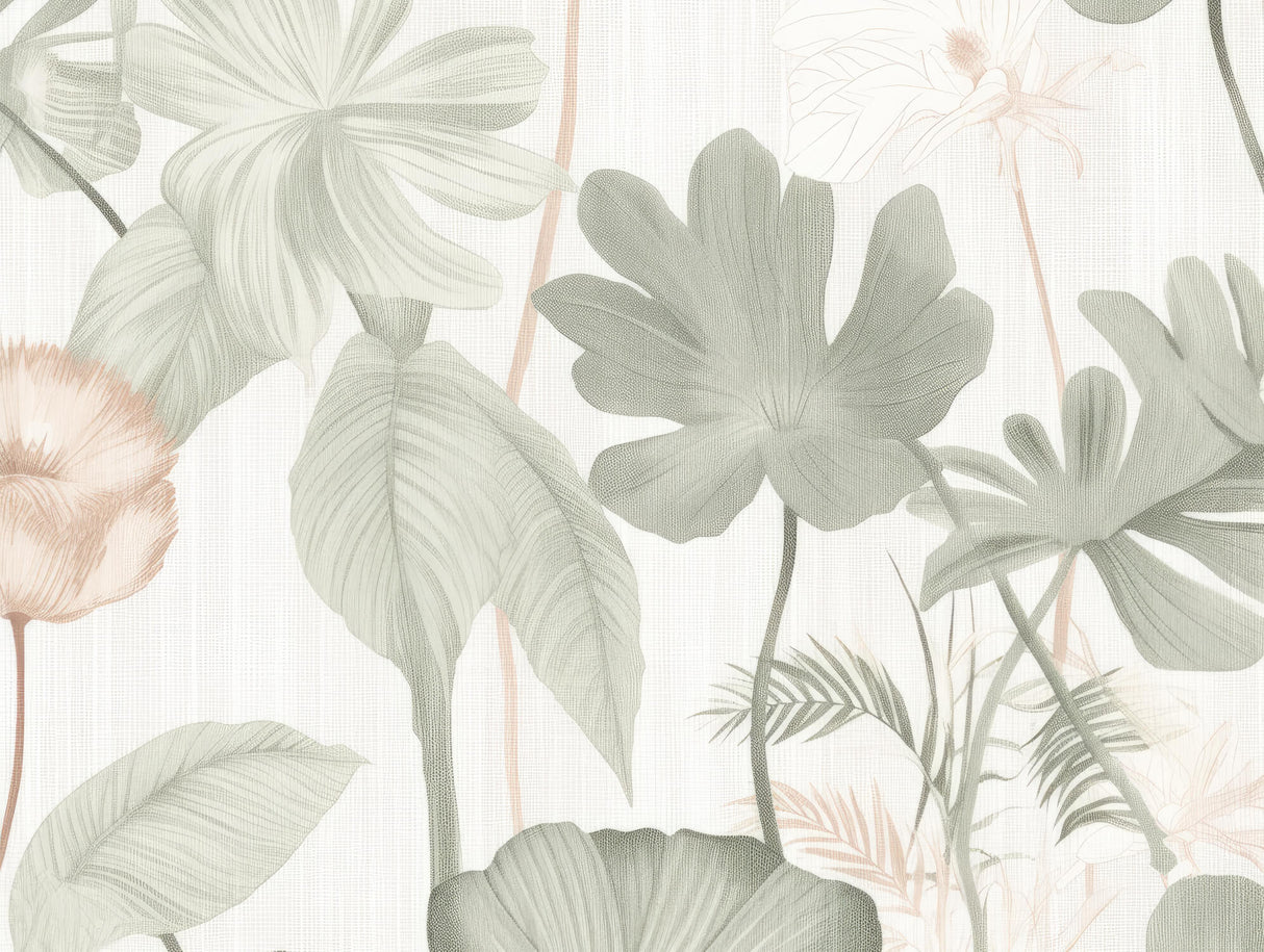 Design file showing detailed monstera and palm leaf pattern with soft green tones and coral accents