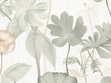 Design file showing detailed monstera and palm leaf pattern with soft green tones and coral accents