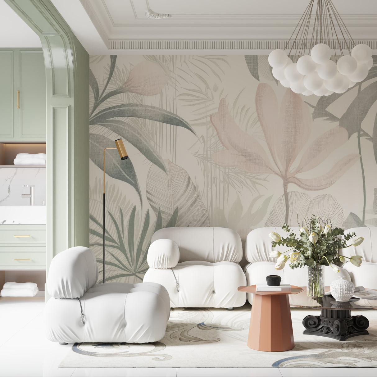 Tropical palm leaf wallpaper in modern living room with white sofa and natural light