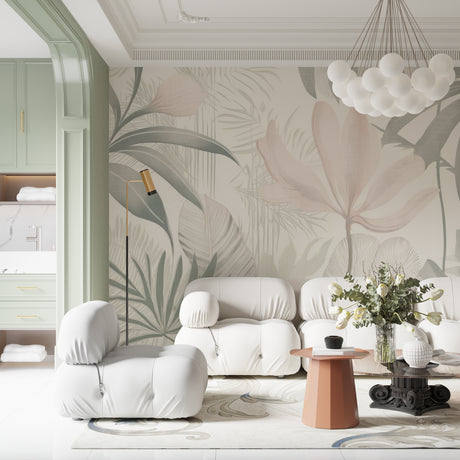 Tropical palm leaf wallpaper in modern living room with white sofa and natural light