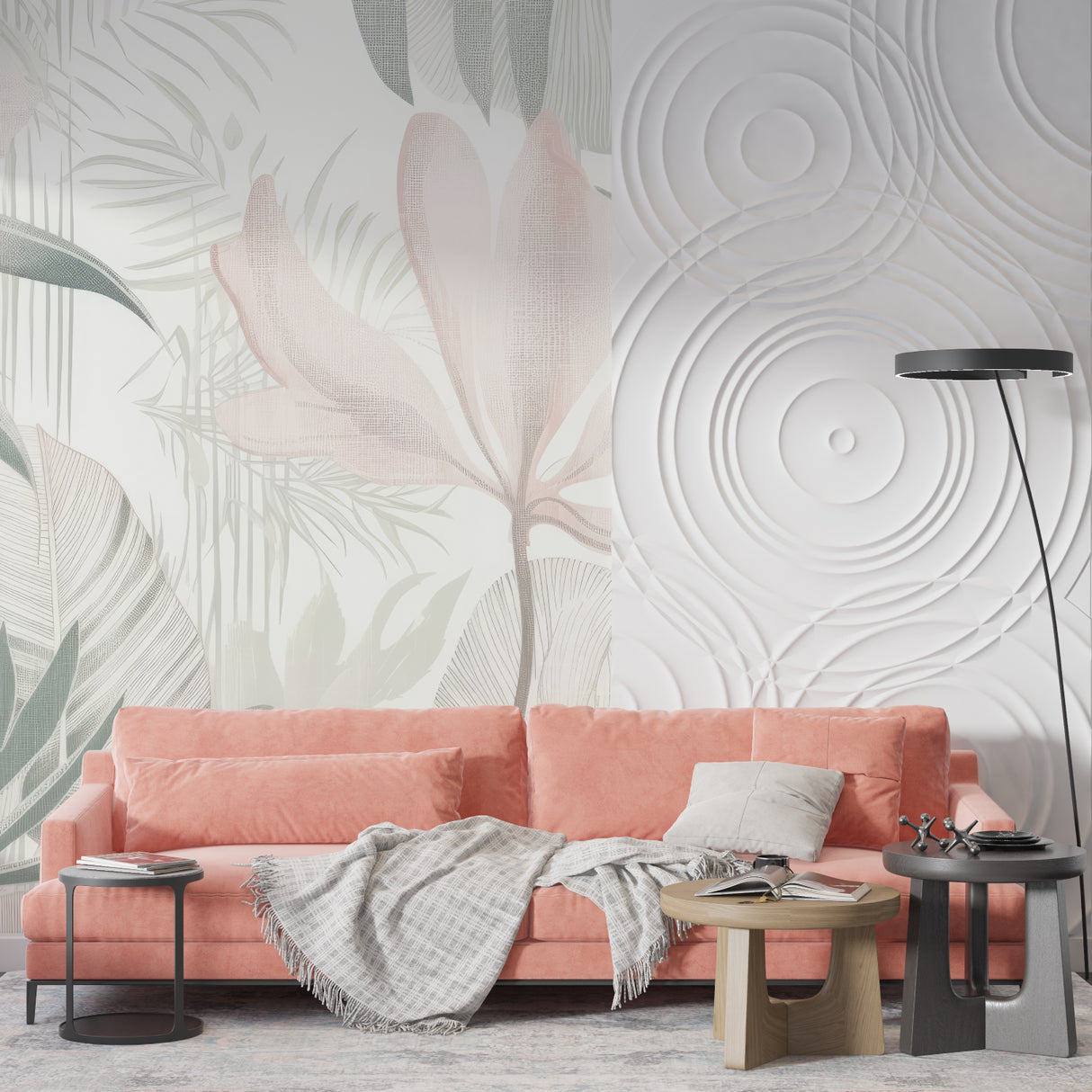 Botanical wall mural in dining room with contemporary furniture