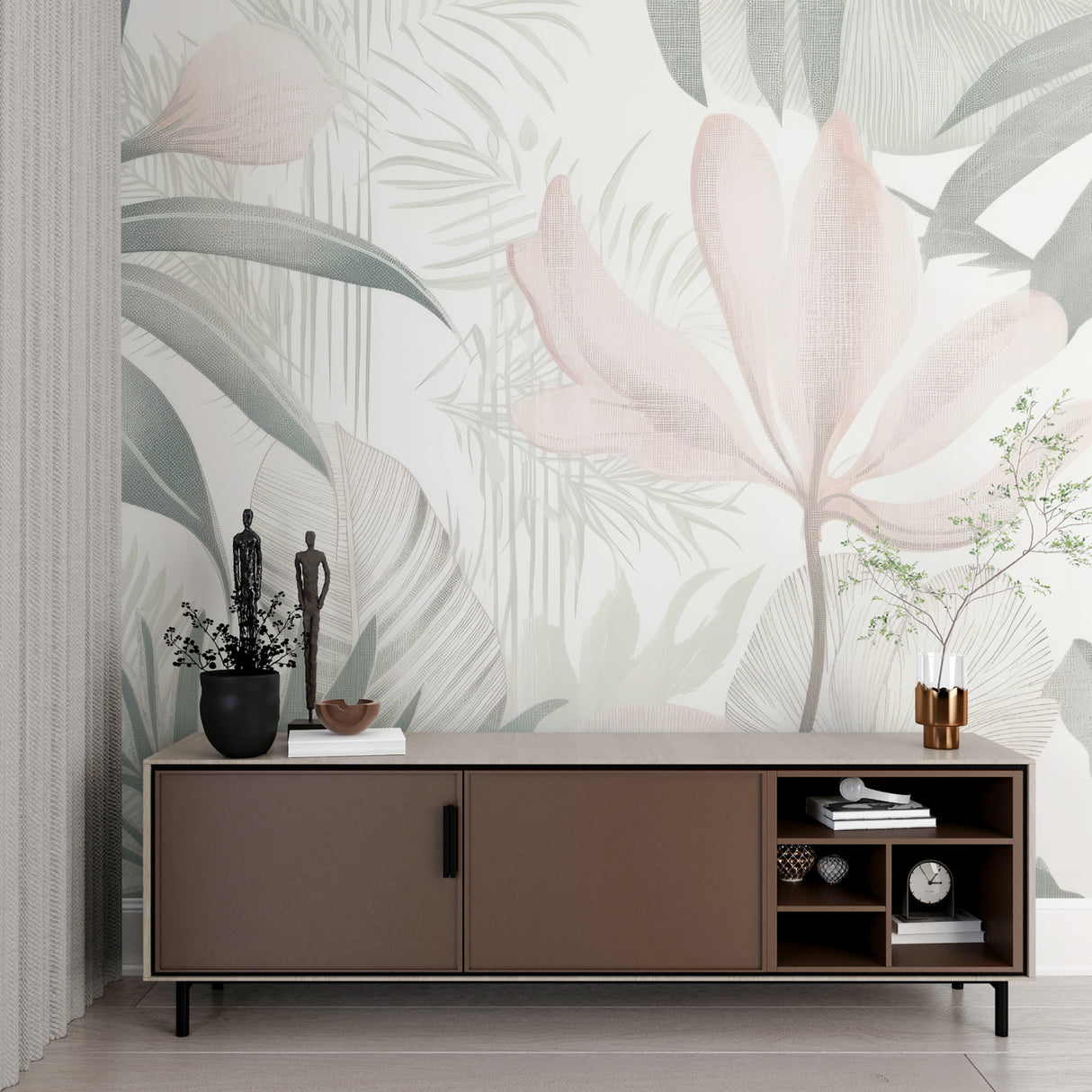 Palm leaf wallpaper bringing nature into home office space