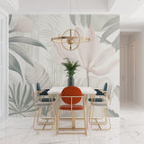 Tropical mural wallpaper in powder room with gold fixtures