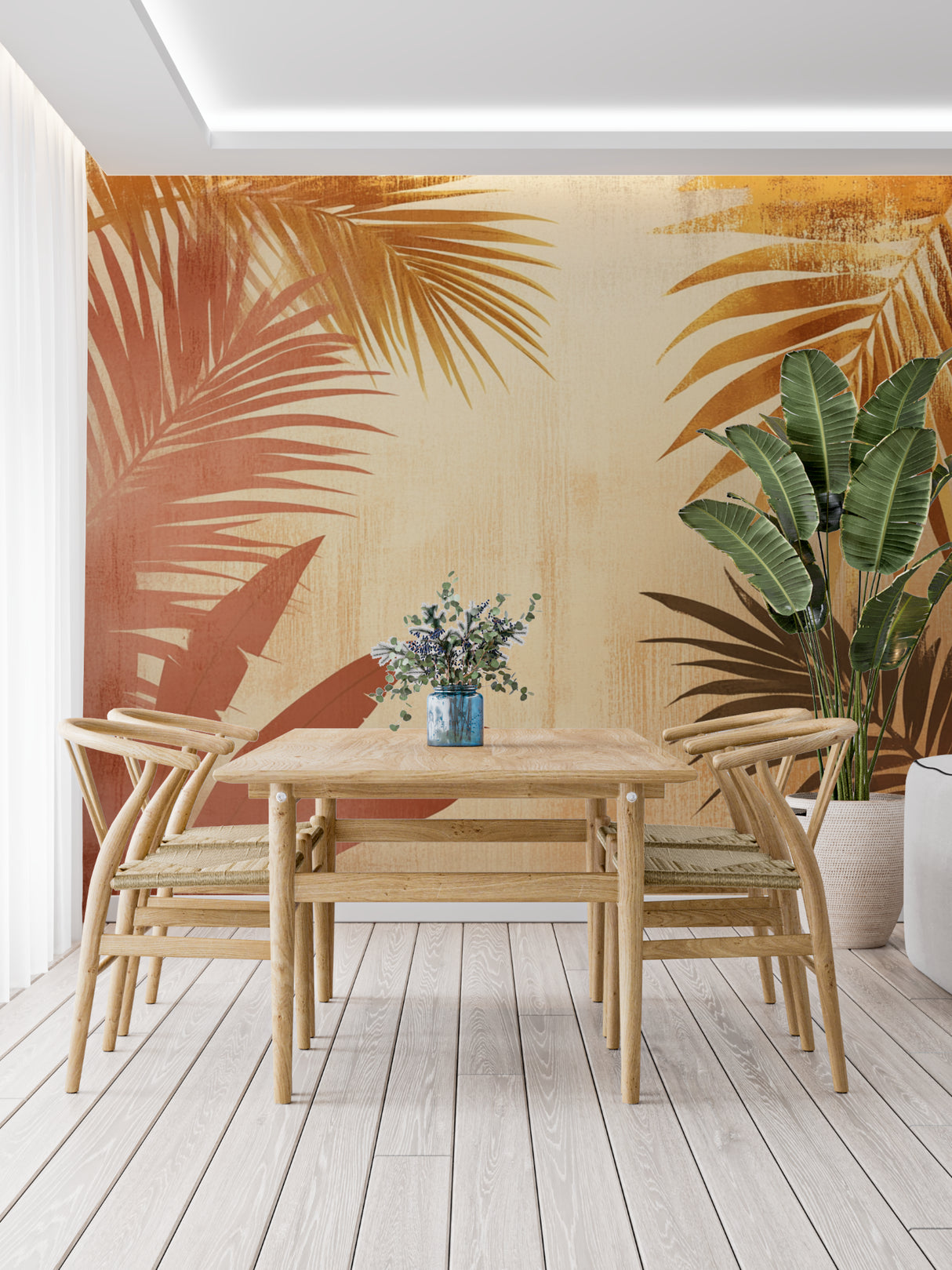 Entryway decorated with terracotta palm leaf mural creating welcoming atmosphere
