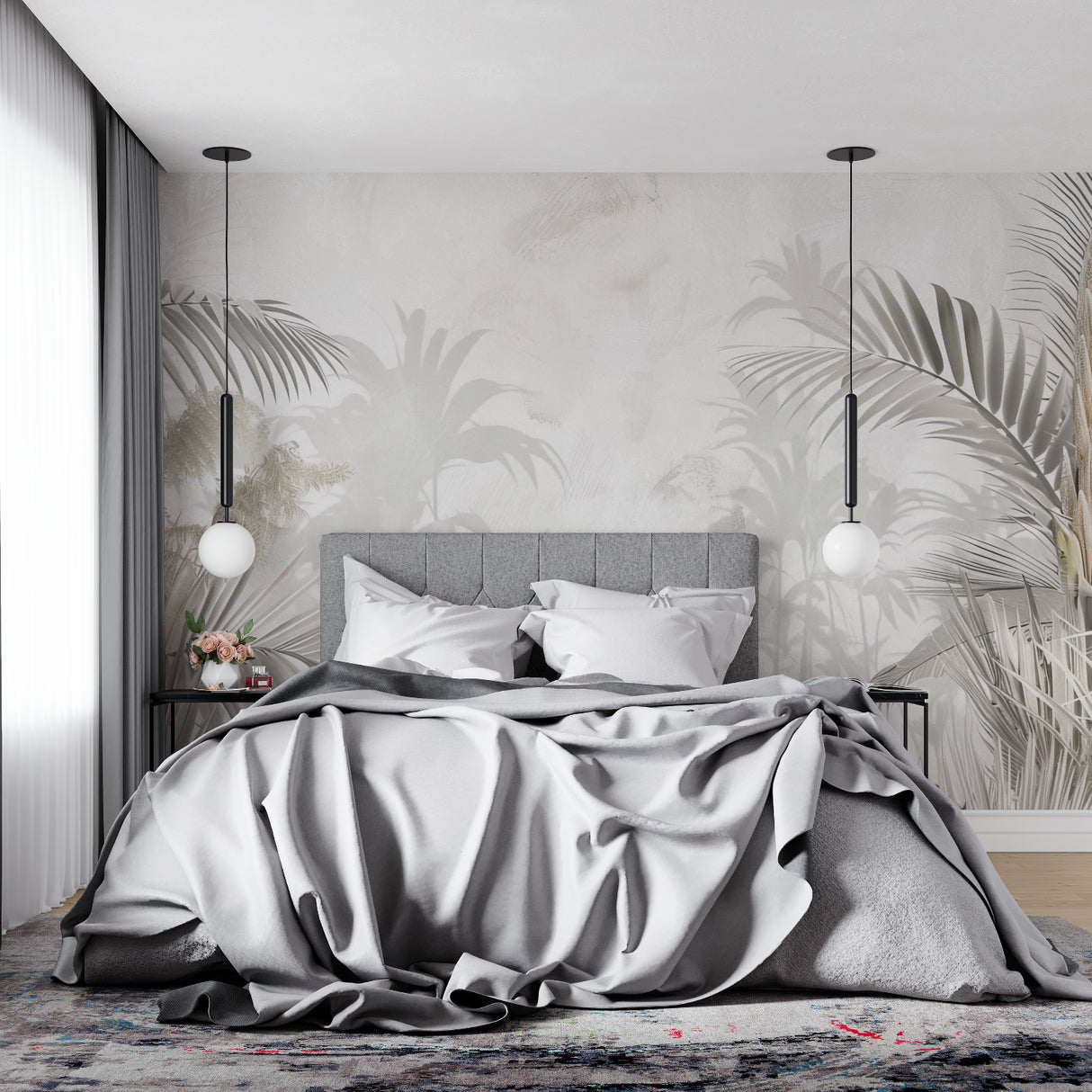 Home office with soft palm leaves wallpaper creating calm workspace