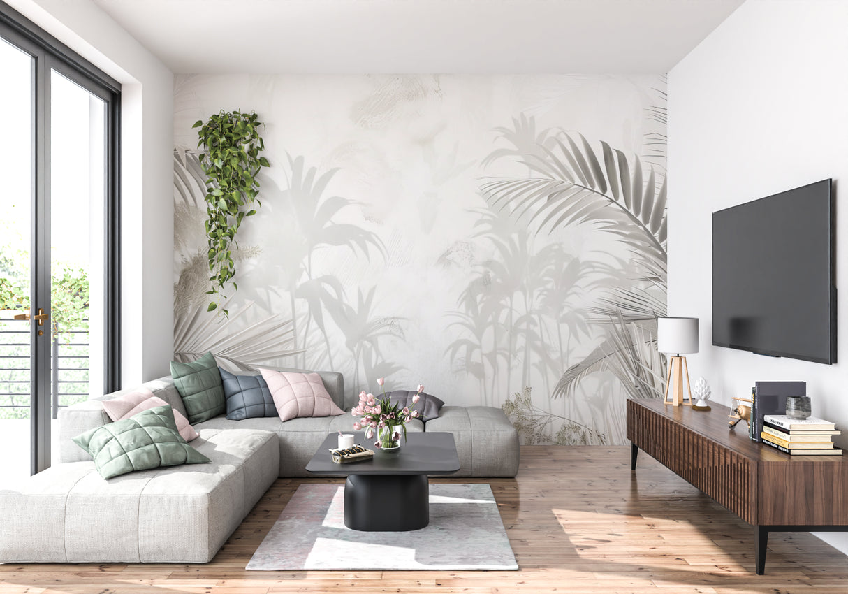 Hallway with subtle palm leaf pattern in neutral tones