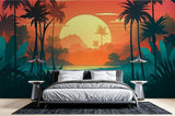 Tropical sunset wallpaper with palm trees creating a cozy atmosphere in a modern living room setting