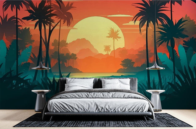 Tropical sunset wallpaper with palm trees creating a cozy atmosphere in a modern living room setting