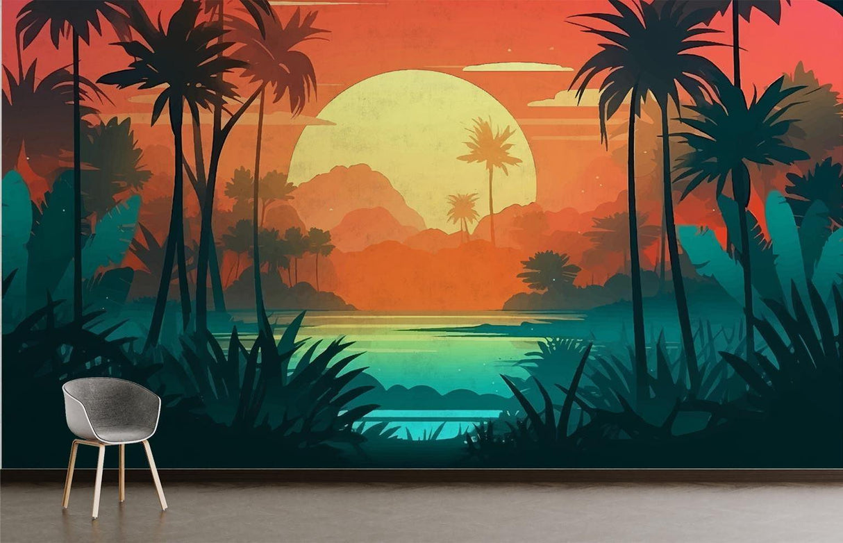 Paradise beach mural wallpaper showcased in a bright bedroom, perfect for relaxation