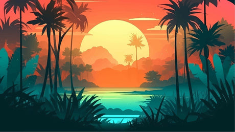 Tropical sunset paradise design file showing detailed palm trees silhouettes against orange sky