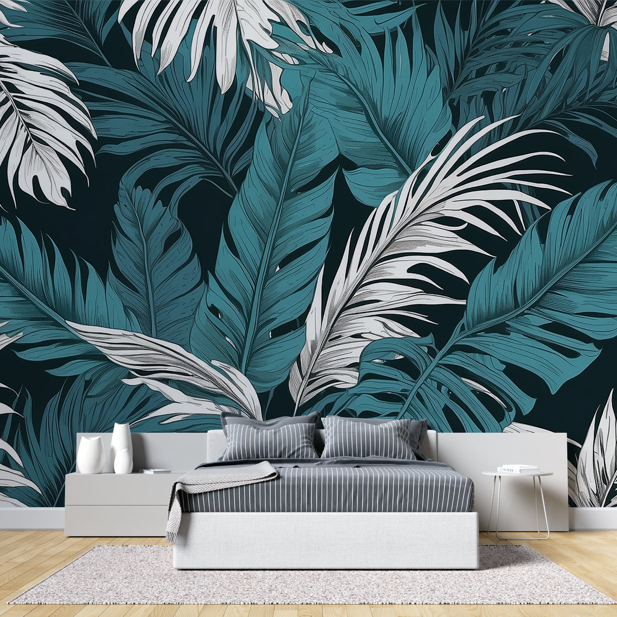 Tropical palm leaf wallpaper in modern living room showing teal and white leaves against dark background