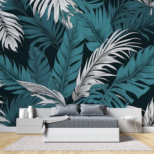 Tropical palm leaf wallpaper in modern living room showing teal and white leaves against dark background