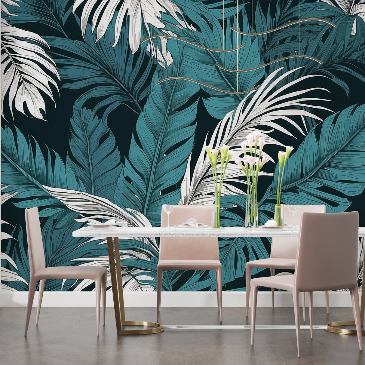 Master bedroom featuring tropical leaf mural with dramatic teal and white palm pattern