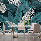 Master bedroom featuring tropical leaf mural with dramatic teal and white palm pattern