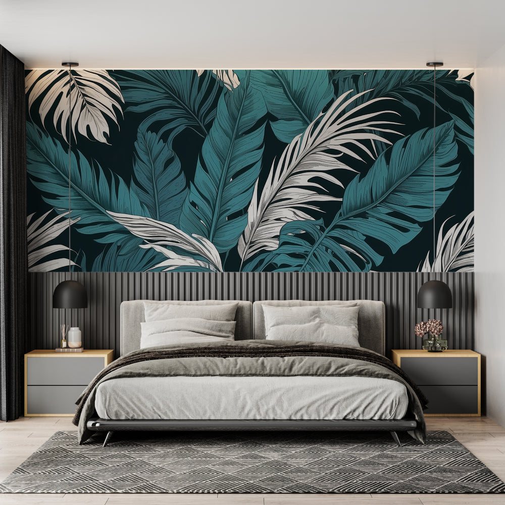 Home office space with botanical wall mural showing large-scale palm leaves