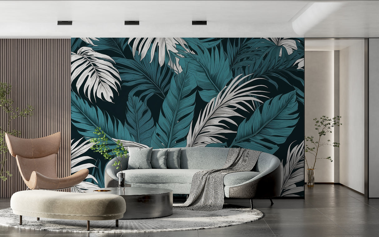 Restaurant interior with striking tropical wall design in teal and white