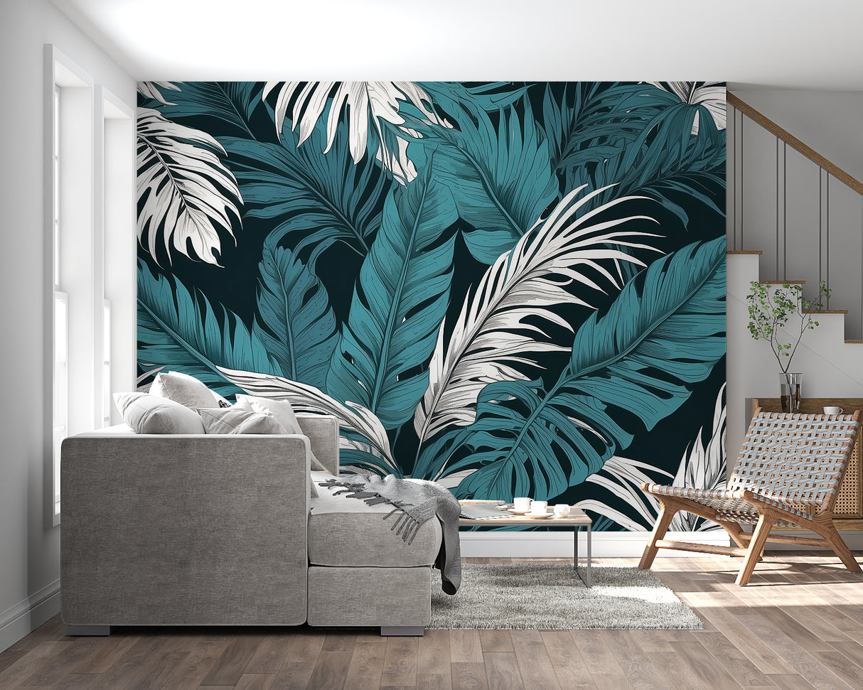 Hotel lobby showcasing dramatic palm leaf wallpaper in teal and white tones