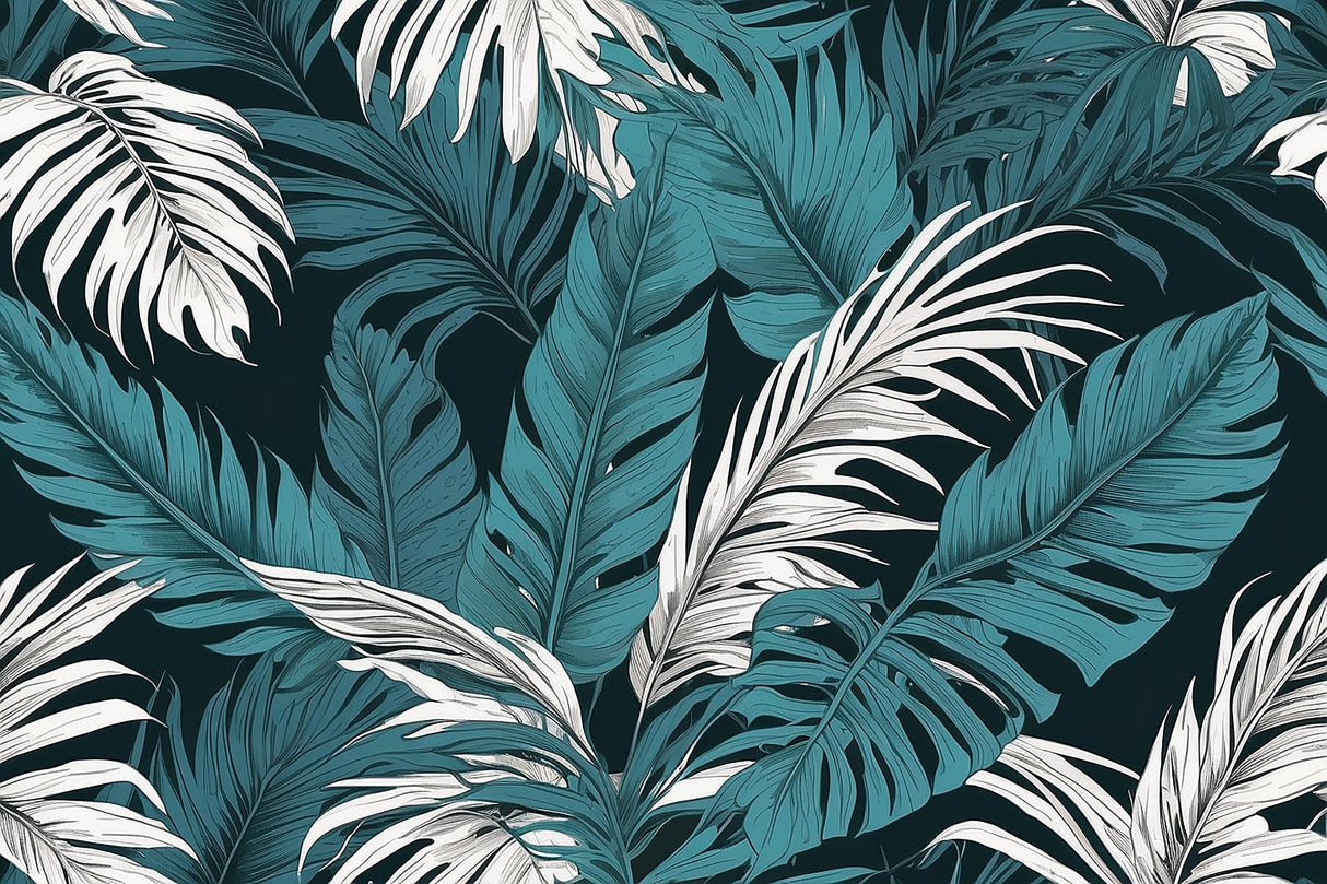 Tropical palm leaf wallpaper design file showing detailed pattern of teal and white fronds