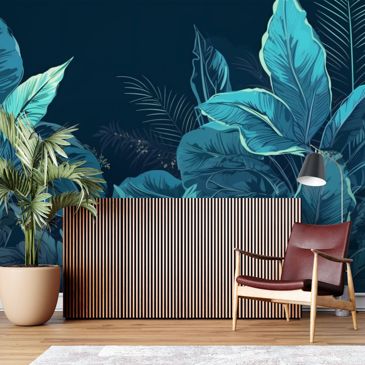 Tropical wallpaper featuring large teal leaves in stylish home office