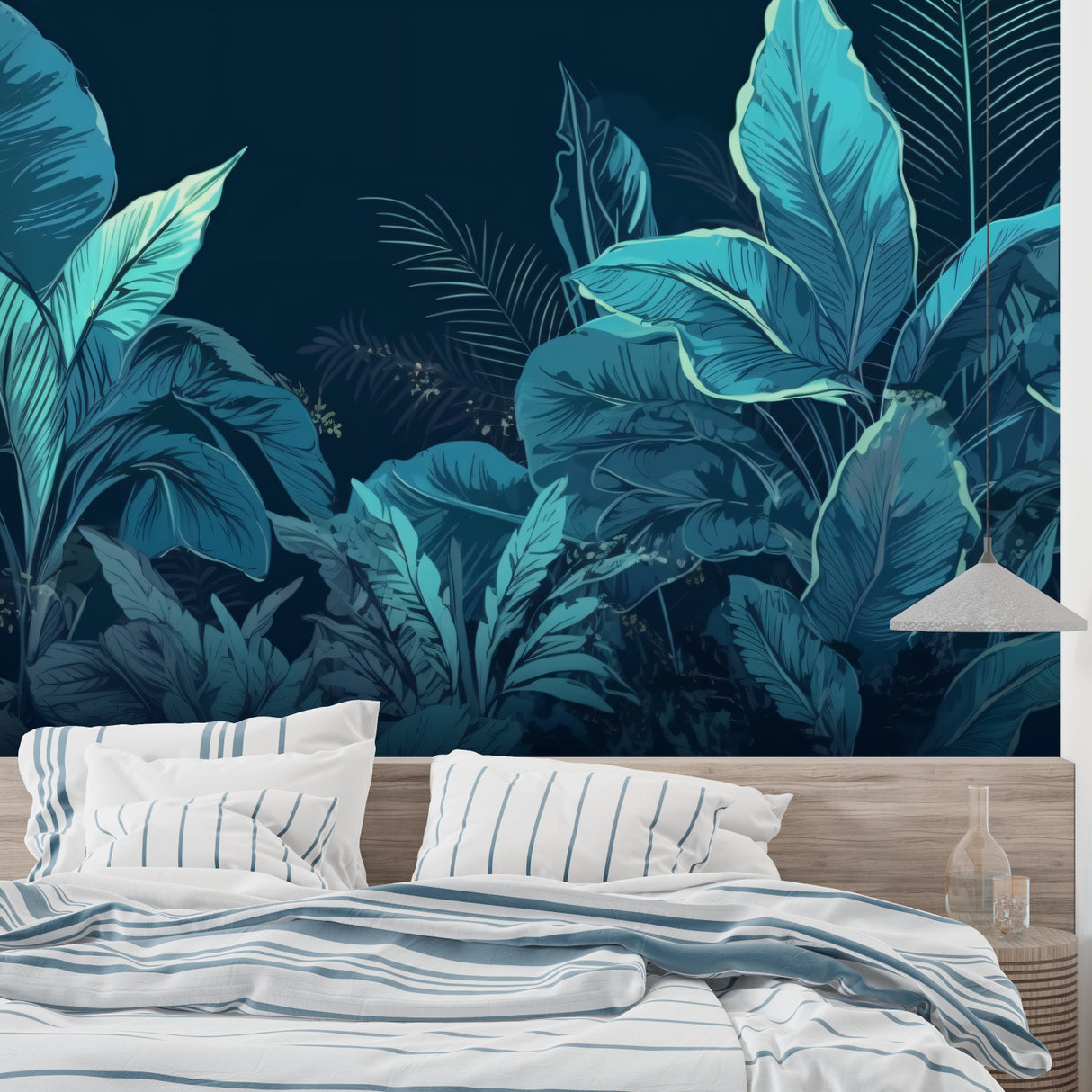 Teal tropical leaves mural adding depth to meditation room space