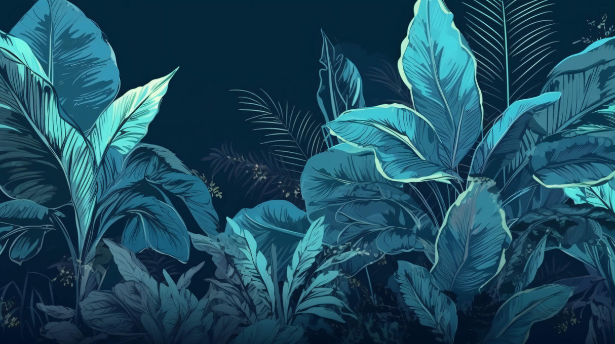 Design file showing detailed teal jungle leaves pattern on navy background