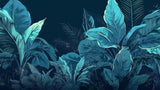 Design file showing detailed teal jungle leaves pattern on navy background