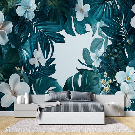 Tropical Monstera Leaf Wallpaper creating a stunning backdrop in a modern living room with natural light