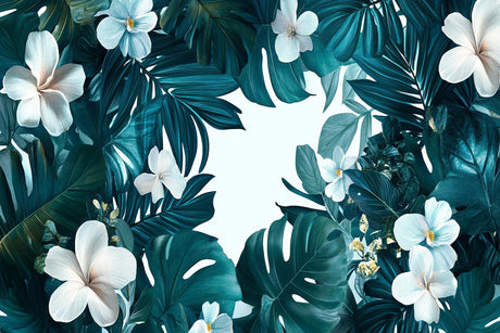 Teal Monstera and White Hibiscus design file showing detailed leaf pattern and floral elements