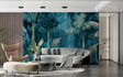 Tropical palm wallpaper with gold accents creating luxury feel in modern living room
