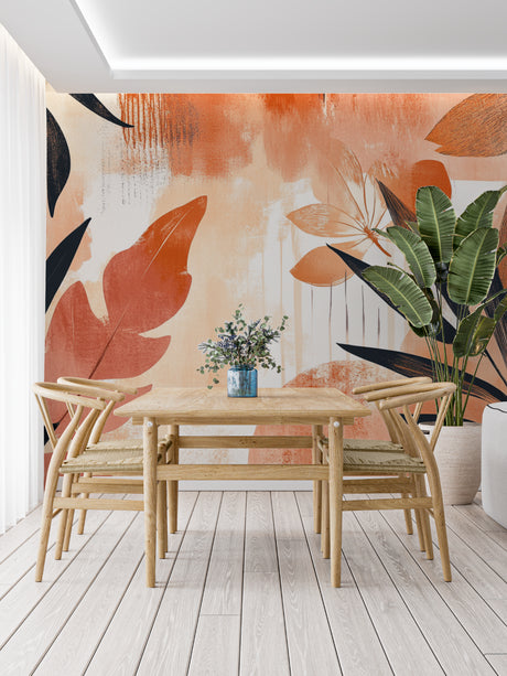 Tropical leaf wallpaper in modern living room showing terracotta abstract pattern against white sofa