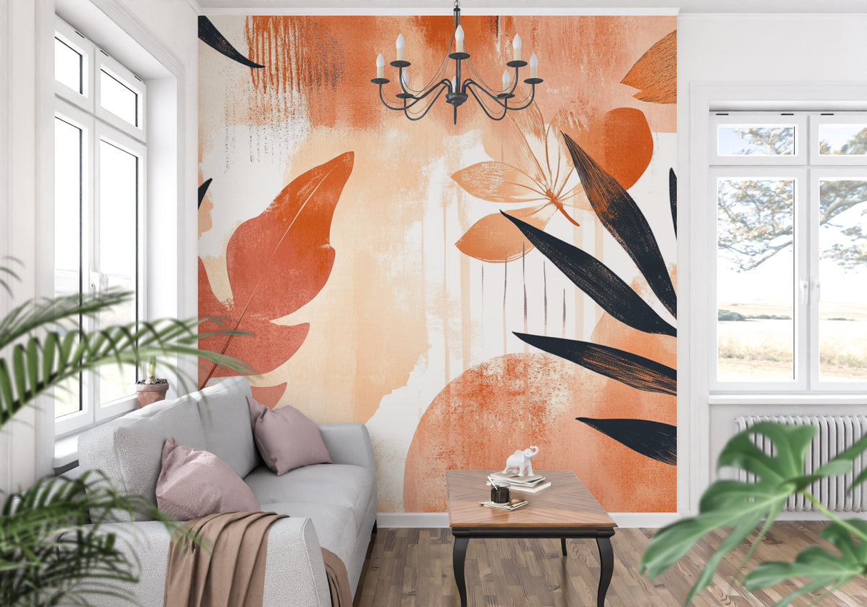 Botanical wall mural in home office with terracotta and black abstract leaves