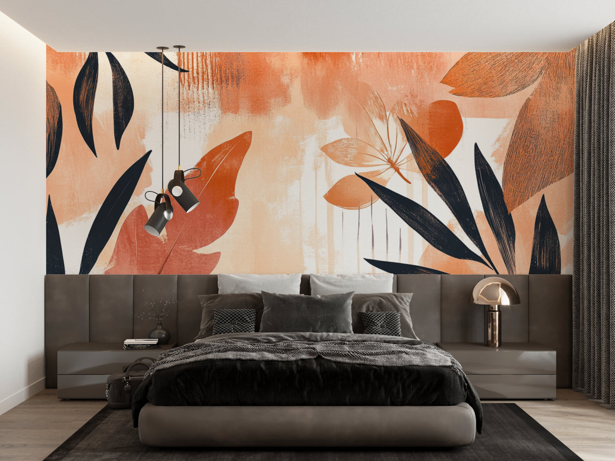 Modern bedroom featuring tropical leaf wallpaper in warm terracotta tones
