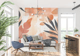 Terracotta abstract leaves mural adding warmth to contemporary hallway