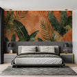 Tropical palm leaf wallpaper creating a cozy atmosphere in modern living room with natural light
