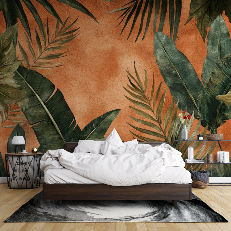 Terracotta tropical wallpaper making statement in contemporary home office