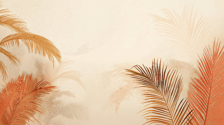 Tropical palm leaves wallpaper in terracotta creating a warm atmosphere in a modern living room with natural light
